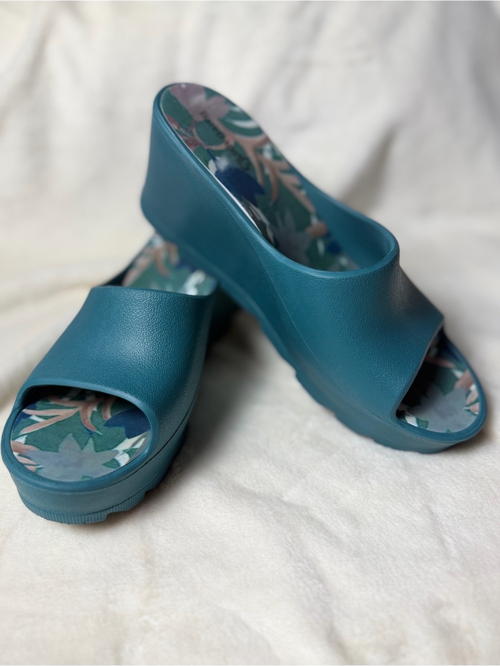 BareTraps Teal Slide Mules with Floral Insole